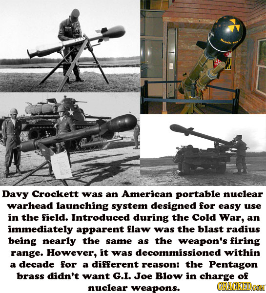 Davy Crockett was an American portable nuclear warhead launching system designed for easy use in the field. Introduced during the Cold War, an immedia