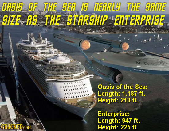 DRSIS IF THE SEA IS NEARLY THE SAME SIZE AS THE STARSHIP ENTERPRISE Oasis of the Sea: Length: 1,187 ft. Height: 213 ft. Enterprise: Length: 947 ft. CR
