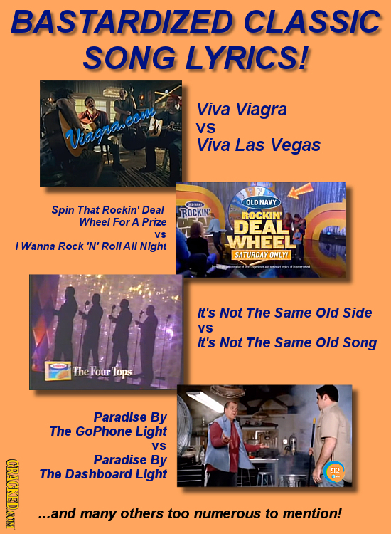 BASTARDIZED CLASSIC SONG LYRICS! Viva Viagra VS Warascony Viva Las Vegas OLDNAVY Spin That Rockin' Deal ROCKIN' ROCKIN' Wheel For A Prize DEAL Vs WHEE