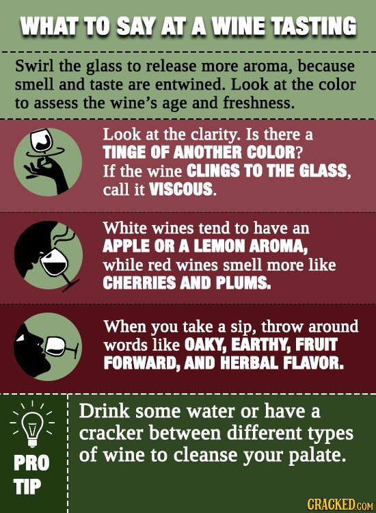 WHAT TO SAY AT A WINE TASTING Swirl the glass to release more aroma, because smell and taste are entwined. Look at the color to assess the wine's age