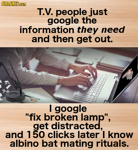 T.V. people just google the information they need and then get out. I google fix broken lamp, get distracted, and 1 50 clicks later I know albino ba