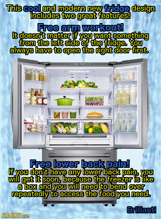 This cool and modern new fridge design includes two great features! Free arm workout! It doesn't matter if you want Something from the left side of th