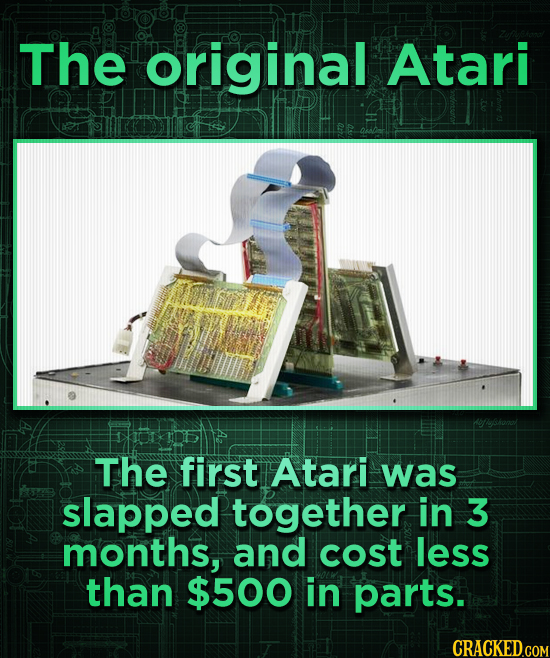 The original Atari The first Atari was slapped together in 3 months, and cost less than $500 in parts.
