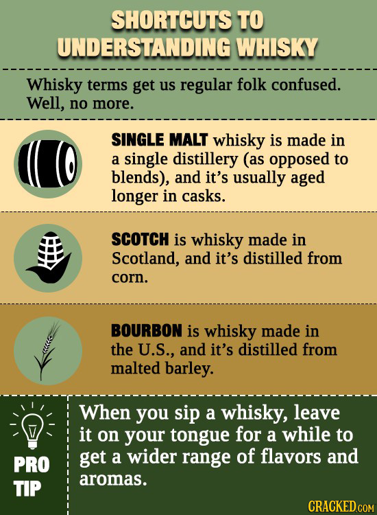 SHORTCUTS TO UNDERSTANDING WHISKY Whisky terms get us regular folk confused. Well, no more. SINGLE MALT whisky is made in a single distillery (as oppo
