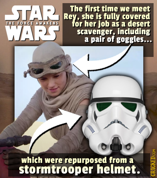 STAR The first time we meet Rey, she is fully covered THE FORCE AWAKENS for her job WARS as a desert scavenger, including a pair of goggles... which w