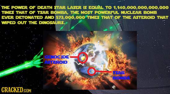 THE POWER OF DEATH STAR LASER IS EQUAL TO 1,140,000,000,000,000 TIMES THAT OF TSAR BOMBA, THE MOST POWERFUL NUCLEAR BOMB EVER DETONATED AND 573,000.00