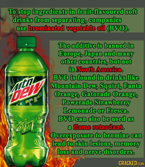 To stop ingredients in fruit-flavoured soft drinks from separating, companies use brominated vegetable oil (BVO). The additive is banned in Europe, Ja