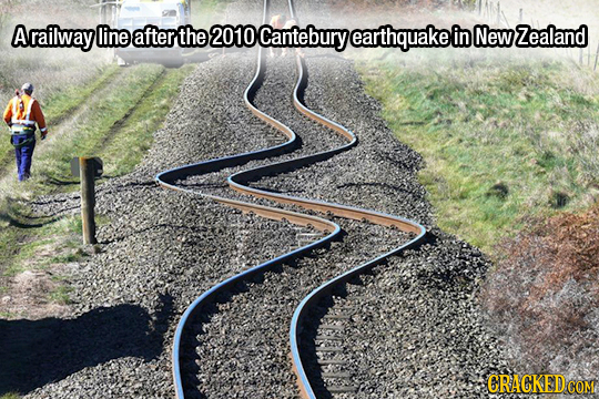 A railway line after the 2010 Cantebury earthquakel in New Zealand CRACKEDcO COM