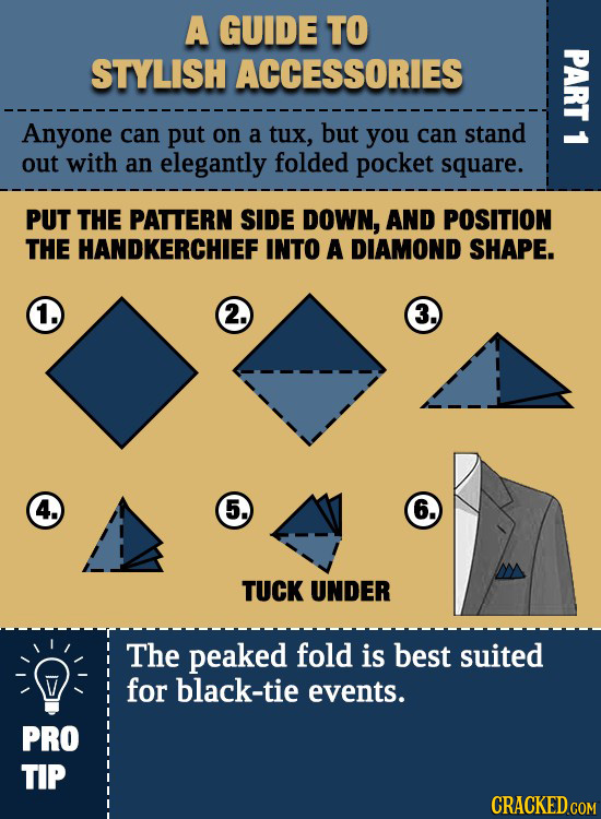 A GUIDE TO STYLISH ACCESSORIES PART Anyone can put on a tux, but you can stand - out with an elegantly folded pocket square. PUT THE PATTERN SIDE DOWN