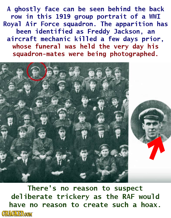 A ghostly face can be seen behind the back row in this 1919 group portrait of a WWI Royal Air Force squadron. The apparition has been identified as Fr