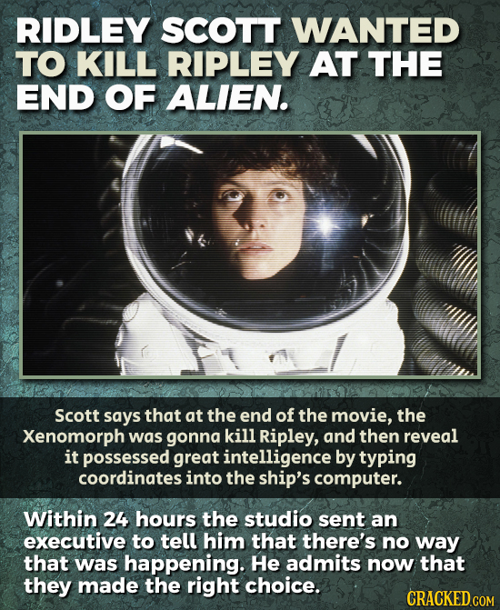 RIDLEY SCOTT WANTED TO KILL RIPLEY AT THE END OF ALIEN. Scott says that at the end of the movie, the Xenomorph was gonna kill Ripley, and then reveal