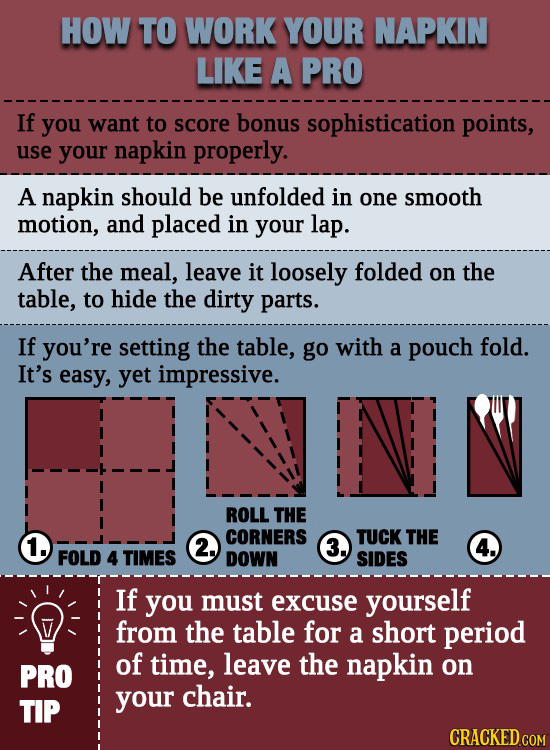HOW TO WORK YOUR NAPKIN LIKE A PRO If you want to score bonus sophistication points, use your napkin properly. A napkin should be unfolded in one smoo