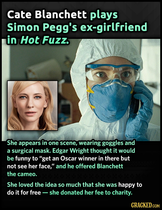 Cate Blanchett plays Simon Pegg's ex-girlfriend in Hot Fuzz. She appears in one scene, wearing goggles and a surgical mask. Edgar Wright thought it wo