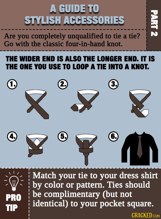 A GUIDE TO PART STYLISH ACCESSORIES Are you completely unqualified to tie N a tie? Go with the classic four-in-hand knot. THE WIDER END IS ALSO THE LO