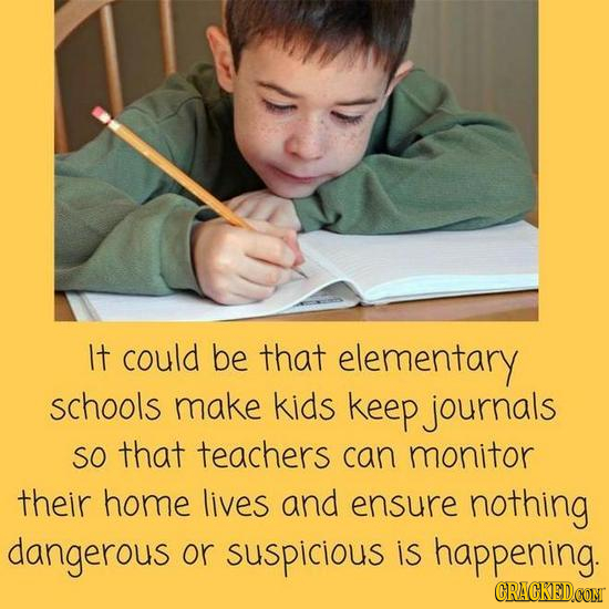 It could be that elementary schools make kids keep journals SO that teachers can monitor their home lives and ensure nothing dangerous or suspicious i