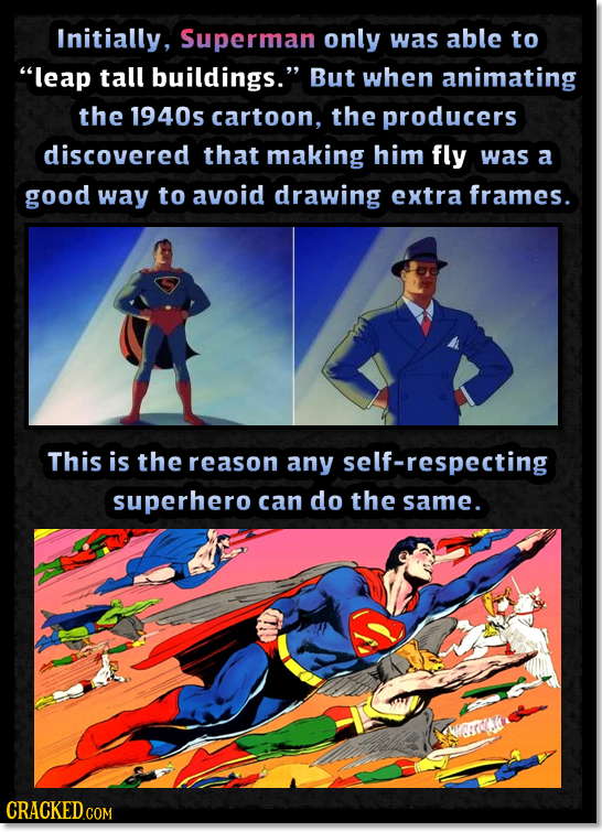 Initially, Superman only was able to leap tall buildings. But when animating the 1940s cartoon, the producers discovered that making him fly was a g