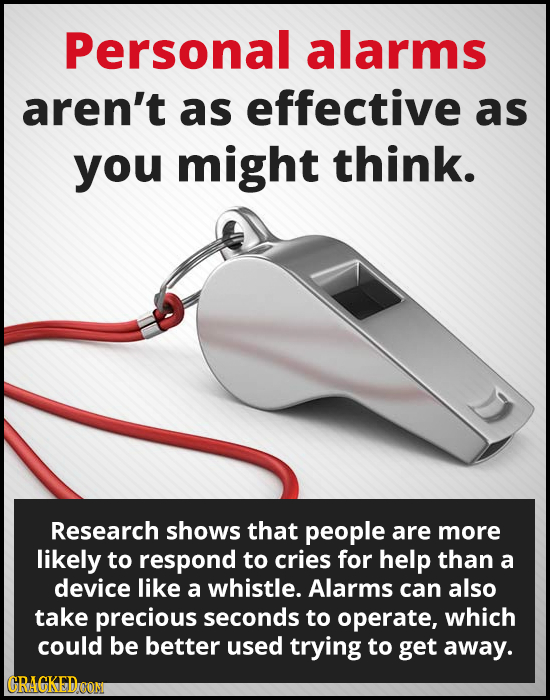 Personal alarms aren't as effective as you might think. Research shows that people are more likely to respond to cries for help than a device like a w