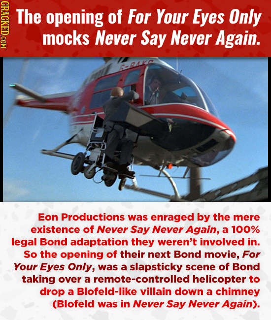 CRACKED.COM The opening of For Your Eyes Only mocks Never Say Never Again. Eon Productions was enraged by the mere existence of Never Say Never Again,
