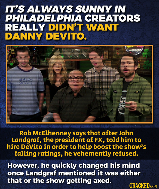 IT'S ALWAYS SUNNY IN PHILADELPHIA CREATORS REALLY DIDN'T WANT DANNY DEVITO. e Rob McElhenney says that after John Landgraf, the president of FX, told