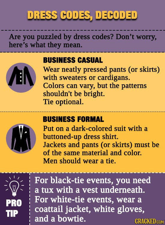 DRESS CODES, DECODED Are you puzzled by dress codes? Don't worry, here's what they mean. BUSINESS CASUAL Wear neatly pressed pants (or skirts) with sw