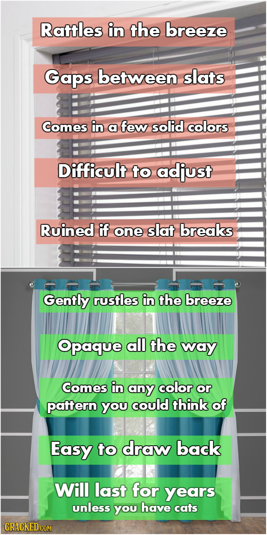 Rattles in the breeze Gaps between slats Comes in a few solid colors Difficult to adiust Ruined if one slat breaks Gently rustles in the breeze Opaque