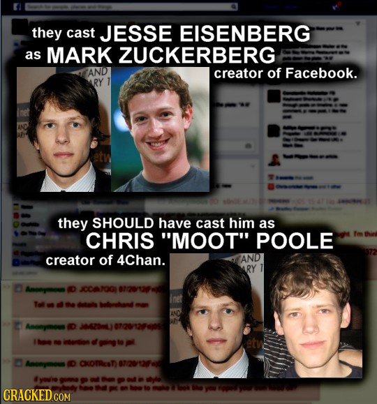 they cast JESSE EISENBERG as MARK ZUCKERBERG AND creator of Facebook. RY they SHOULD have cast him as CHRIS MOOT POOLE m thini creator of 4Chan. AND