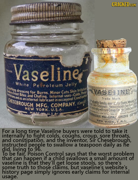 CRACKED COM Vaseline TRADE MARK White Peroleum Jelly Aseothing dressing for Minor Cuts Skin Iritatios VASELINE mtations Frost Burns. Bites Colds. Thro
