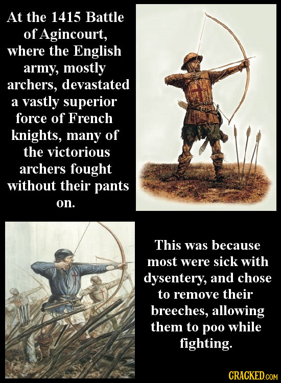 At the 1415 Battle of Agincourt, where the English army, mostly archers, devastated a vastly superior force of French knights, many of the victorious