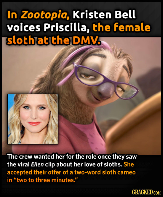 In Zootopia, Kristen Bell voices Priscilla, the female sloth at the DMV. The crew Wanted her for the role once they saw the viral Ellen clip about her