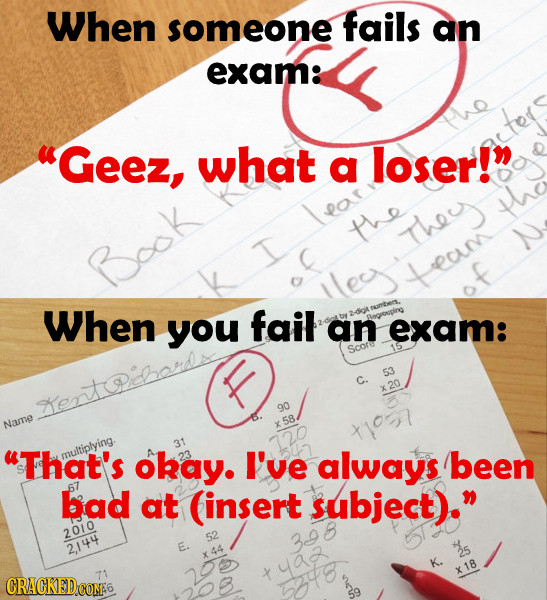When someone fails an exam: Geez, what a loser!n thee N tecum When fail esnrbers. you an BLeggenupirg exam: scors 53 C. x 20 Name That's multiplying