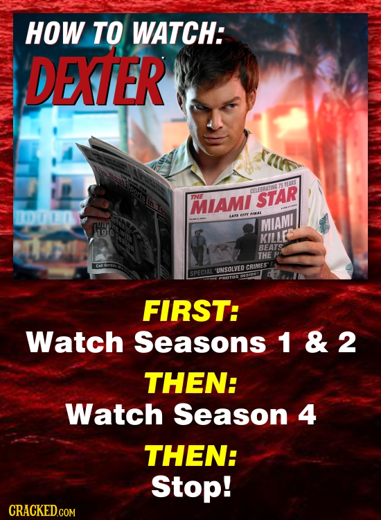 HOW TO WATCH: DEXTER 5 YEAES GELEBRATING THTE STAR MIAMI 100000 LATE Em INAK MIAMI 19-0 KILLE BEATS THE CRIMIES UNSOLVED SPECIAL FIRST: Watch Seasons 