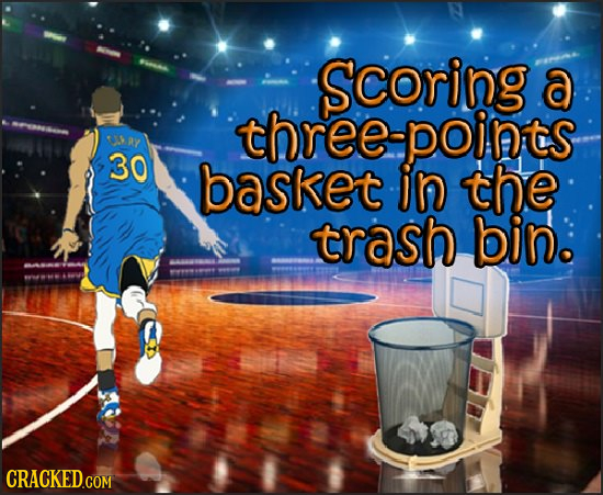scoring a three-points RY 30 basket in the trash bin
