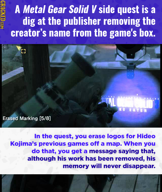 A Metal Gear Solid V side quest is a dig at the publisher removing the creator's name from the game's box. D3 TAL KE EATER Erased Marking In the