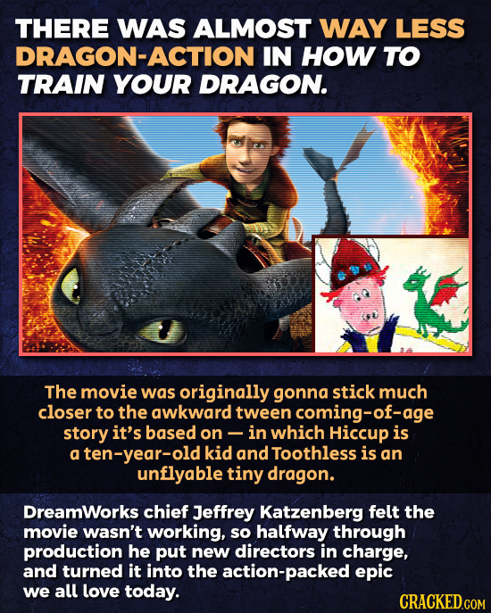 THERE WAS ALMOST WAY LESS DRAGON-ACTION IN HOW TO TRAIN YOUR DRAGON. The movie was originally gonna stick much closer to the awkward tween coming-of-a
