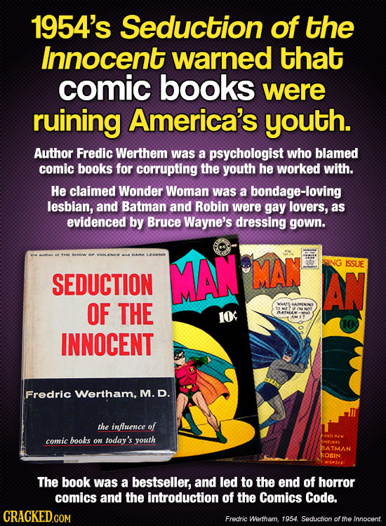 1954's Seduction of the Innocent warned that comic books were ruining America's youth. Author Fredic Werthem was a psychologist who blamed comic books