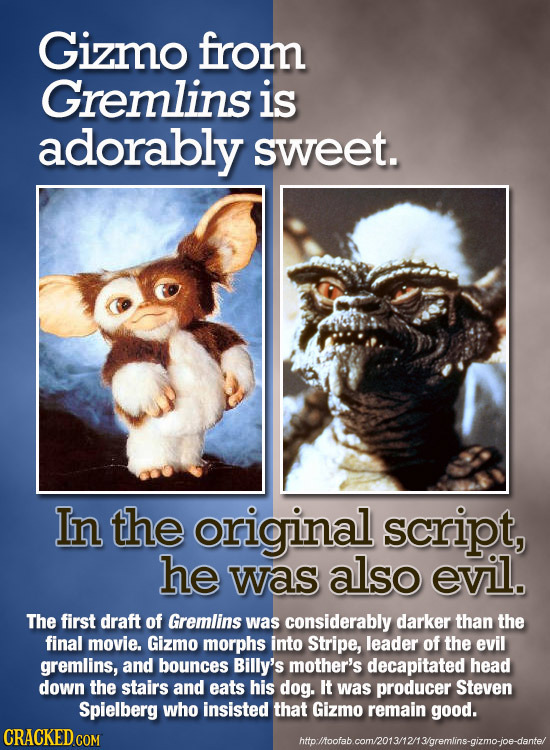 Gizmo from Gremlins is adorably sweet. In the original script, he was also evil. The first draft of Gremlins was considerably darker than the final mo