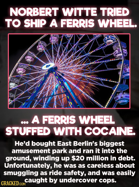 20 Bizarre Crimes You Won't Believe Actually Happened - Norbert Witte tried to ship a Ferris wheel from Peru to Germany with $10 million in cocaine hi