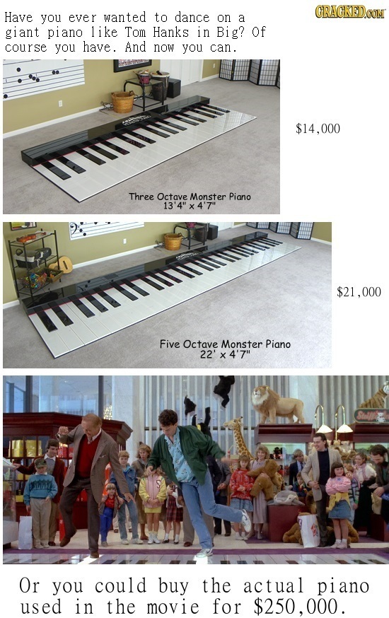 CRAGKEDCOM Have you ever wanted to dance on a giant piano like Tom Hanks in Big? Of course you have. And now you can. $14.000 Three Octave Monster Pia