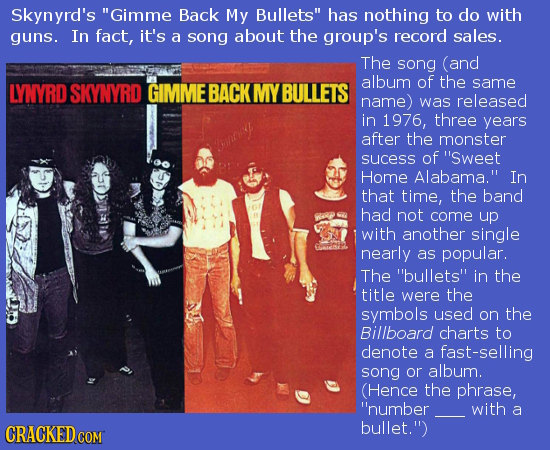 Skynyrd's Gimme Back My Bullets has nothing to do with guns. In fact, it's a song about the group's record sales. The song (and of SKYNYRD album the