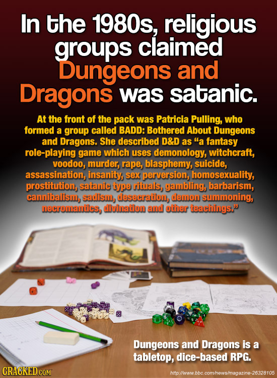 In the 1980s, religious groups claimed Dungeons and Dragons was satanic. At the front of the pack was Patricia Pulling, who formed a group called BADD