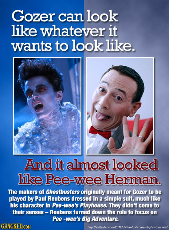 Gozer can look like whatever it wants to look like. And it almost looked like Pee-wee Herman. The makers of Ghostbusters originally meant for Gozer to