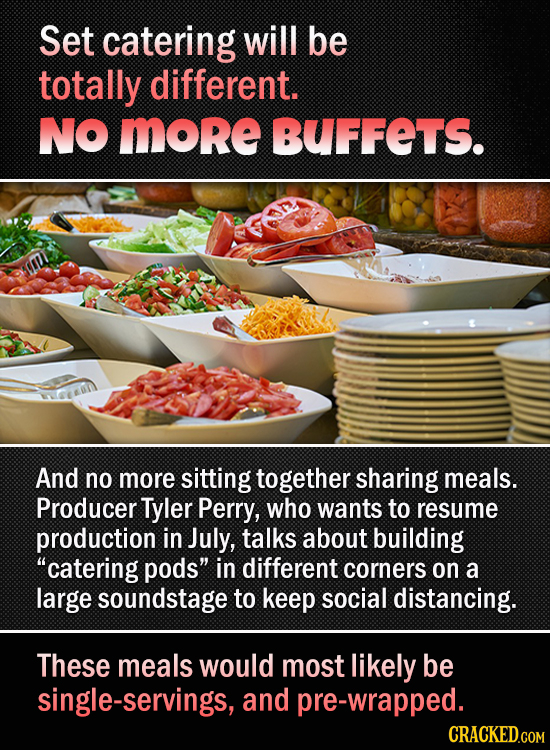 Set catering will be totally different. NO MORE BUFFETS. And no more sitting together sharing meals. Producer Tyler Perry, who wants to resume product
