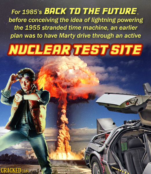 For 1985's BACK TO THE FUTURE. before conceiving the idea of lightning powering the 1955 stranded time machine, an earlier plan was to have Marty driv