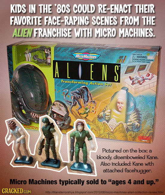KIDS IN THE '80S COULD RE-ENACT THEIR FAVORITE FACE-RAPING SCENES FROM THE ALIEN FRANCHISE WITH MICRO MACHINES. oMlochines A WARNING: ALIENS DOOGNOARO