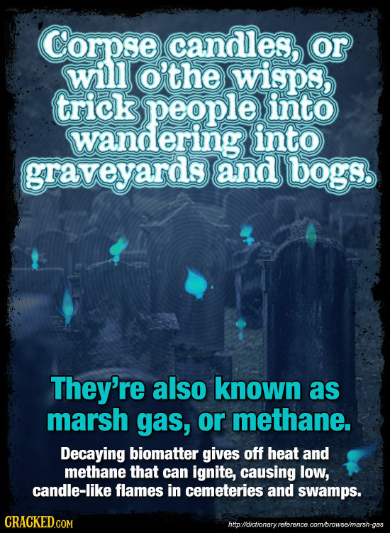Corpse candles, or will o'the wisps, 0 trick people into wandering into graveyards and bogs They're also known as marsh gas, or methane. Decaying biom