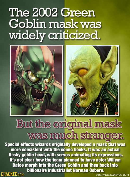 The 2002 Green Goblin mask was widely criticized. But the original mask was much stranger. Special effects wizards originally developed a mask that wa