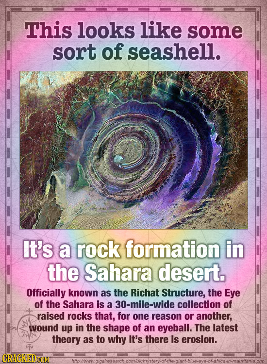 This looks like some sort of seashell. It's a rock formation in the Sahara desert. Officially known as the Richat Structure, the Eye of the Sahara is 