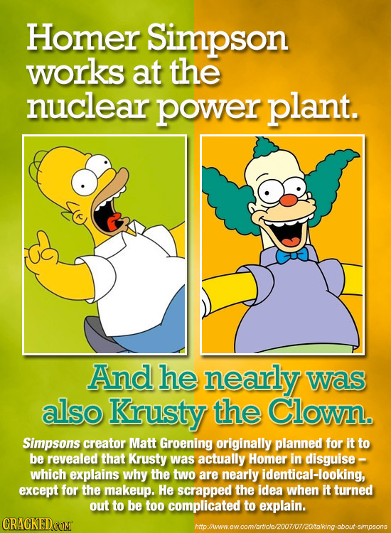 Homer Simpson works at the nuclear power plant. And he nearly was also Krusty the Clown. Simpsons creator Matt Groening originally planned for it to b