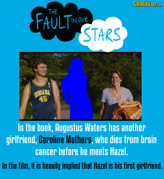 CRACKEDCON FAULTu THE IN OUR STARS mun 45 In the book, Augustus Waters has another girlfriend, Caroline Mathers, who dies from brain cancer before he