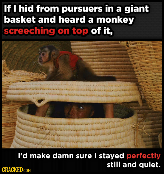 If I hid from pursuers in a giant basket and heard a monkey screeching on top of it, I'd make damn sure I stayed perfectly still and quiet.
